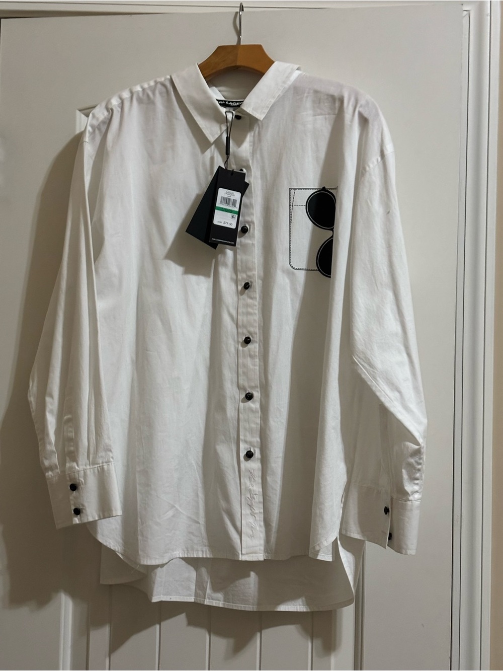 Karl Lagerfeld White Long-Sleeve Button-Down Shirt with Pocket Graphic
